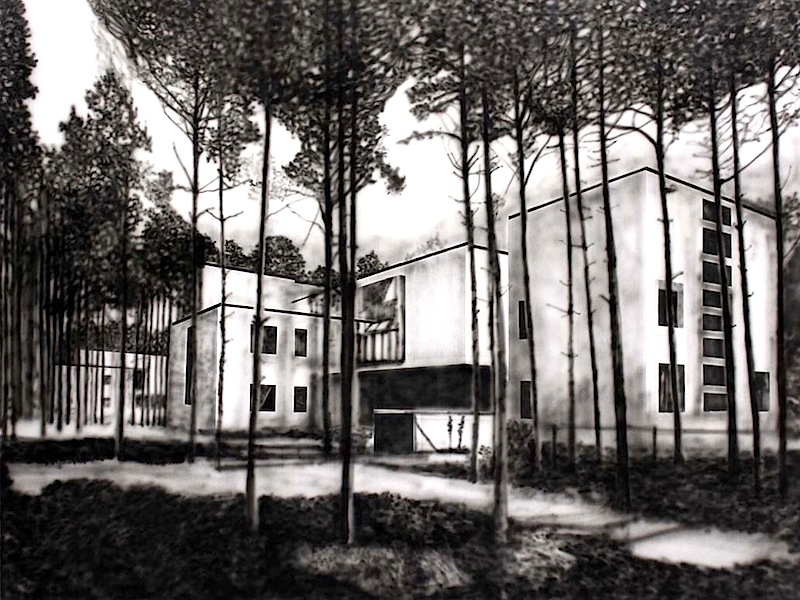 Eamon O´Kane: Black Mirror Building II [Dessau], 2014, acrylic on canvas, 150 x 200 cm 

